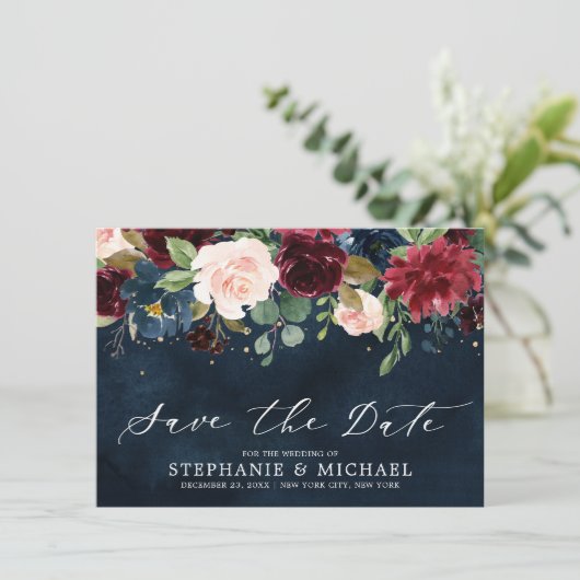 Burgundy Blush Navy Blue Botanical Floral Wedding Save The Date (Staand voorkant)