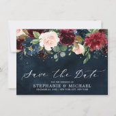 Burgundy Blush Navy Blue Botanical Floral Wedding Save The Date (Voorkant)