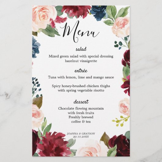 Burgundy Blush Navy Blue Botanical Wedding Menu (Voorkant)
