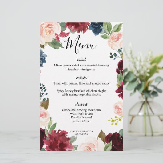 Burgundy Blush Navy Blue Botanical Wedding Menu (Staand voorkant)