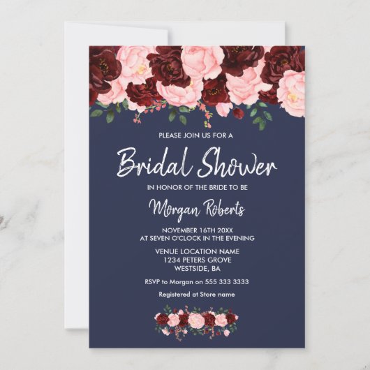 Burgundy Blush Navy Blue Bridal Shower Kaart (Voorkant)