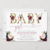 Burgundy blush navy blue floral baby shower kaart (Voorkant)