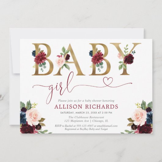 Burgundy blush navy blue floral baby shower kaart (Voorkant)