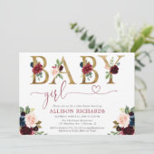 Burgundy blush navy blue floral baby shower kaart (Staand voorkant)
