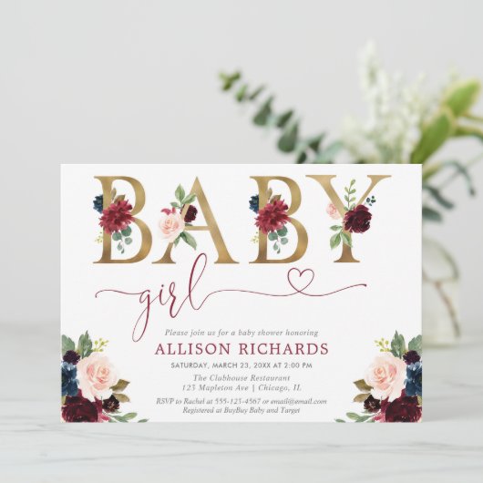 Burgundy blush navy blue floral baby shower kaart (Staand voorkant)