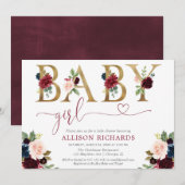 Burgundy blush navy blue floral baby shower kaart (Voorkant / Achterkant)
