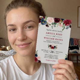 Burgundy Blush Navy Blue Floral Botanical Weddensc Kaart