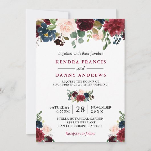 Burgundy Blush Navy Blue Floral Botanical Weddensc Kaart (Voorkant)