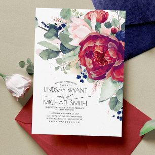 Burgundy Blush Navy Blue Floral Elegant Wedding Kaart