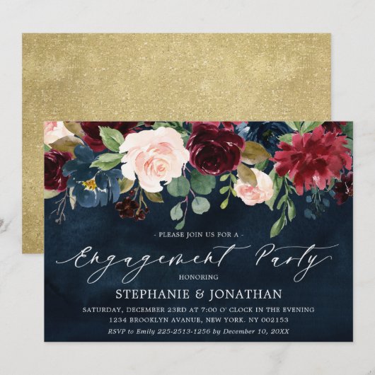 Burgundy Blush Navy Blue Floral Engagement Party Kaart (Voorkant / Achterkant)