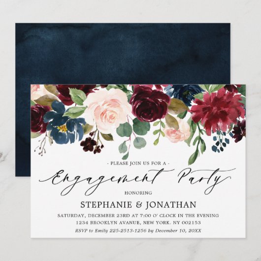 Burgundy Blush Navy Blue Floral Engagement Party Kaart (Voorkant / Achterkant)