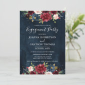 Burgundy Blush Navy Blue Floral Engagement Party Kaart (Staand voorkant)