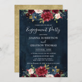 Burgundy Blush Navy Blue Floral Engagement Party Kaart (Voorkant / Achterkant)