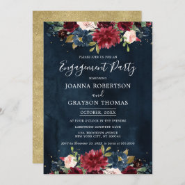 Burgundy Blush Navy Blue Floral Engagement Party Kaart