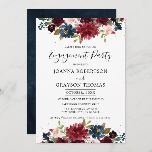 Burgundy Blush Navy Blue Floral Engagement Party Kaart (Voorkant / Achterkant)