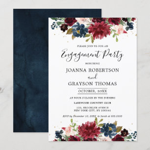 Burgundy Blush Navy Blue Floral Engagement Party Kaart