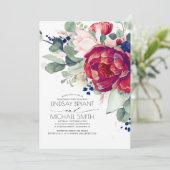 Burgundy Blush Navy Blue Floral Engagement Party Kaart (Staand voorkant)
