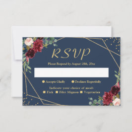 Burgundy Blush Navy Blue Floral Gold Glitters RSVP Kaartje