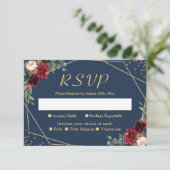 Burgundy Blush Navy Blue Floral Gold Glitters RSVP Kaartje (Staand voorkant)