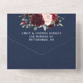 Burgundy Blush Navy Blue Floral Greenery Weddensch All In One Uitnodiging (Achterkant)