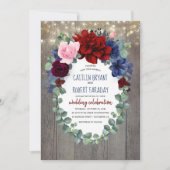 Burgundy Blush Navy Blue Floral Rustic Wedding Kaart (Voorkant)