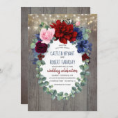 Burgundy Blush Navy Blue Floral Rustic Wedding Kaart (Voorkant / Achterkant)