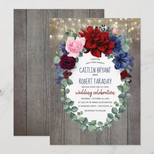 Burgundy Blush Navy Blue Floral Rustic Wedding Kaart (Voorkant / Achterkant)