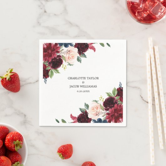 Burgundy Blush Navy Blue Floral Rustic Wedding Servet (Insitu)