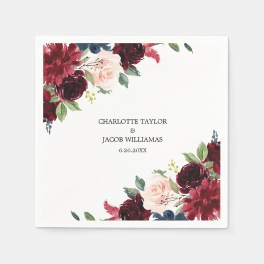 Burgundy Blush Navy Blue Floral Rustic Wedding Servet (Voorkant)
