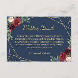 Burgundy Blush Navy Blue Floral Wedding Details Informatiekaartje
