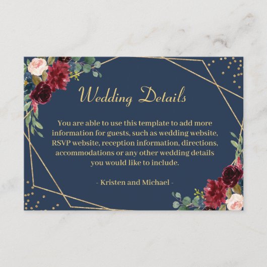 Burgundy Blush Navy Blue Floral Wedding Details Informatiekaartje (Voorkant)