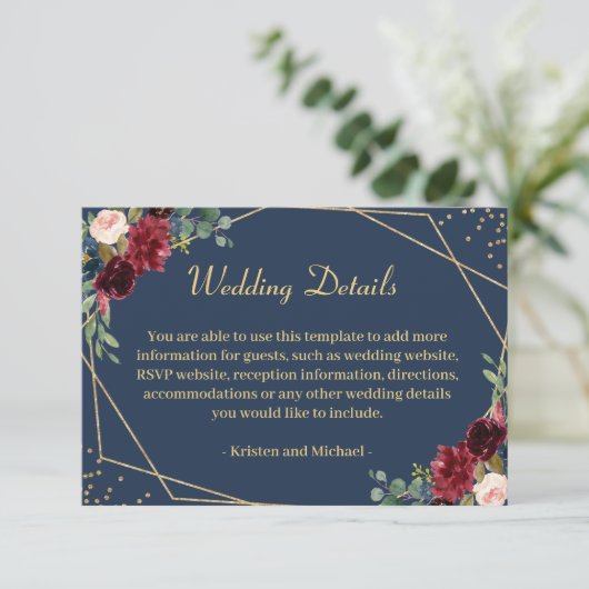 Burgundy Blush Navy Blue Floral Wedding Details Informatiekaartje (Staand voorkant)