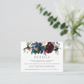 Burgundy Blush Navy Blue Floral Wedding Details Informatiekaartje (Staand voorkant)