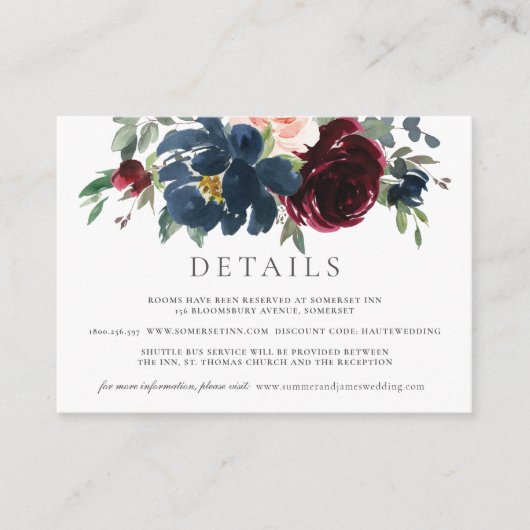 Burgundy Blush Navy Blue Floral Wedding Details Informatiekaartje (Voorkant)