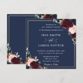 Burgundy Blush Navy Blue Floral Wedding Square Kaart (Voorkant / Achterkant)
