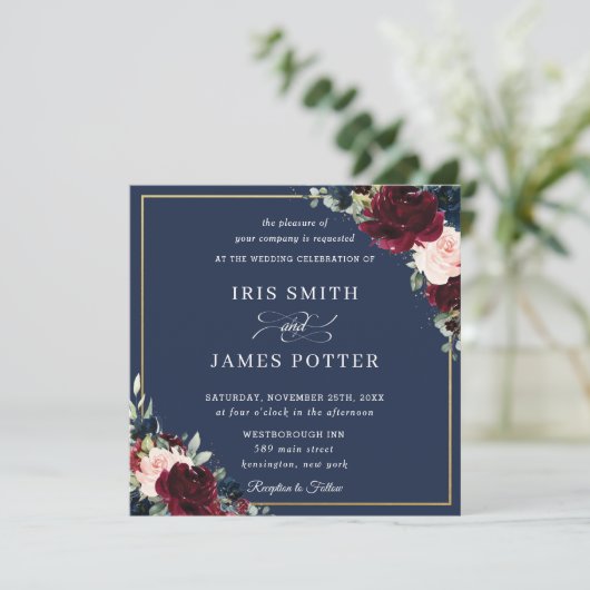 Burgundy Blush Navy Blue Floral Wedding Square Kaart (Staand voorkant)