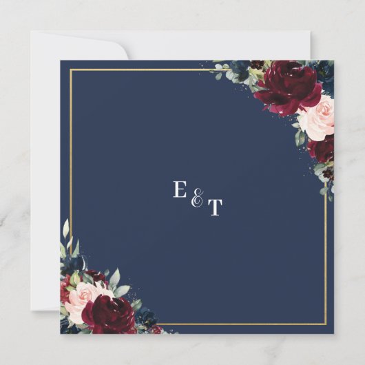 Burgundy Blush Navy Blue Floral Wedding Square Kaart (Achterkant)