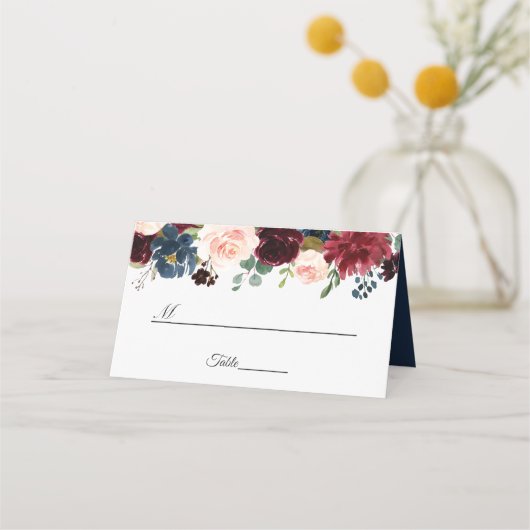 Burgundy Blush Navy Blue Floral Wedding Table Plaatskaartje (Voorkant)