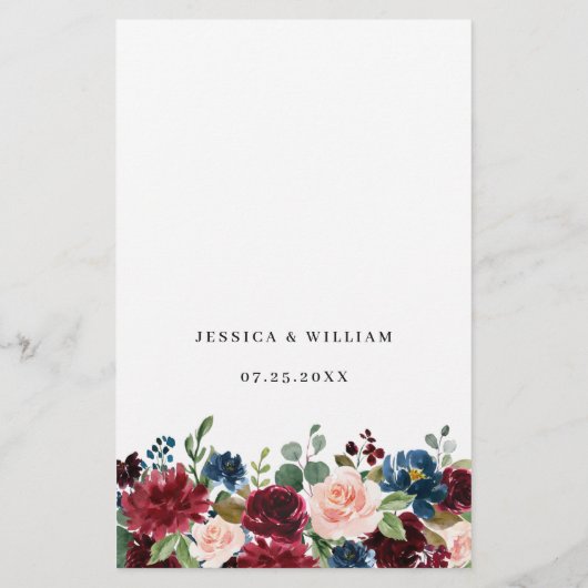 Burgundy Blush Navy Blue Rozen Weddenrenmenu (Achterkant)