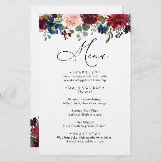 Burgundy Blush Navy Blue Rozen Weddenrenmenu (Voorkant / Achterkant)