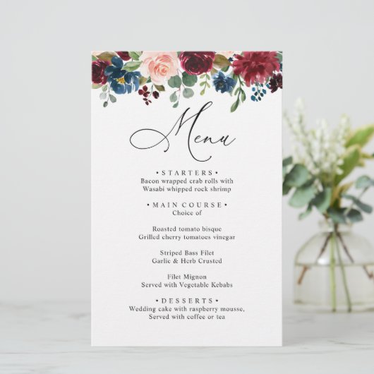 Burgundy Blush Navy Blue Rozen Weddenrenmenu (Staand voorkant)