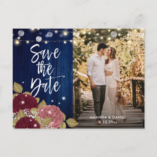 Burgundy Blush Navy Blue Save the Date Photo Aankondigingskaart (Voorkant)