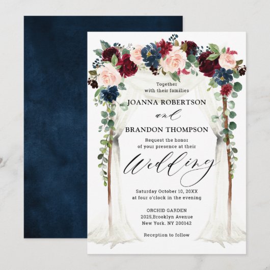 Burgundy Blush Navy Floral Arch Canopy Weddenschap Kaart (Voorkant / Achterkant)