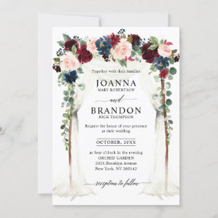 Burgundy Blush Navy Floral Arch Canopy Weddenschap Kaart
