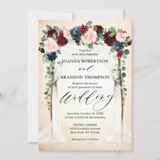 Burgundy Blush Navy Floral Arch Canopy Weddenschap Kaart (Voorkant)