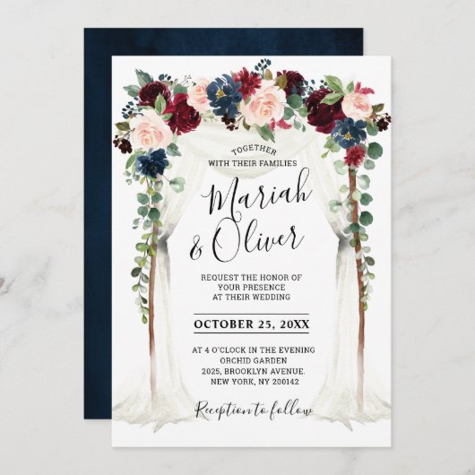 Burgundy Blush Navy Floral Arch Canopy Weddenschap Kaart (Voorkant / Achterkant)