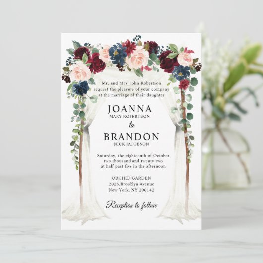 Burgundy Blush Navy Floral Arch Canopy Weddenschap Kaart (Staand voorkant)
