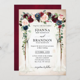 Burgundy Blush Navy Floral Arch Canopy Weddenschap Kaart