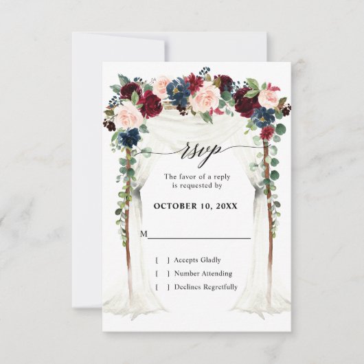 Burgundy Blush Navy Floral Arch Canopy Weddenschap RSVP Kaartje (Voorkant)