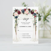 Burgundy Blush Navy Floral Arch Canopy Weddenschap RSVP Kaartje (Staand voorkant)